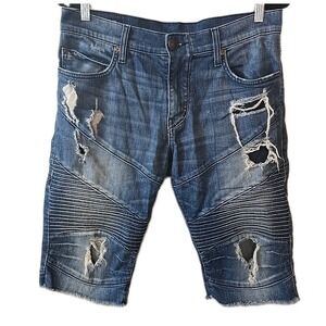 True Religion Geno Relaxed Slim Moto Mens Distressed Blue Jean Shorts Size 32